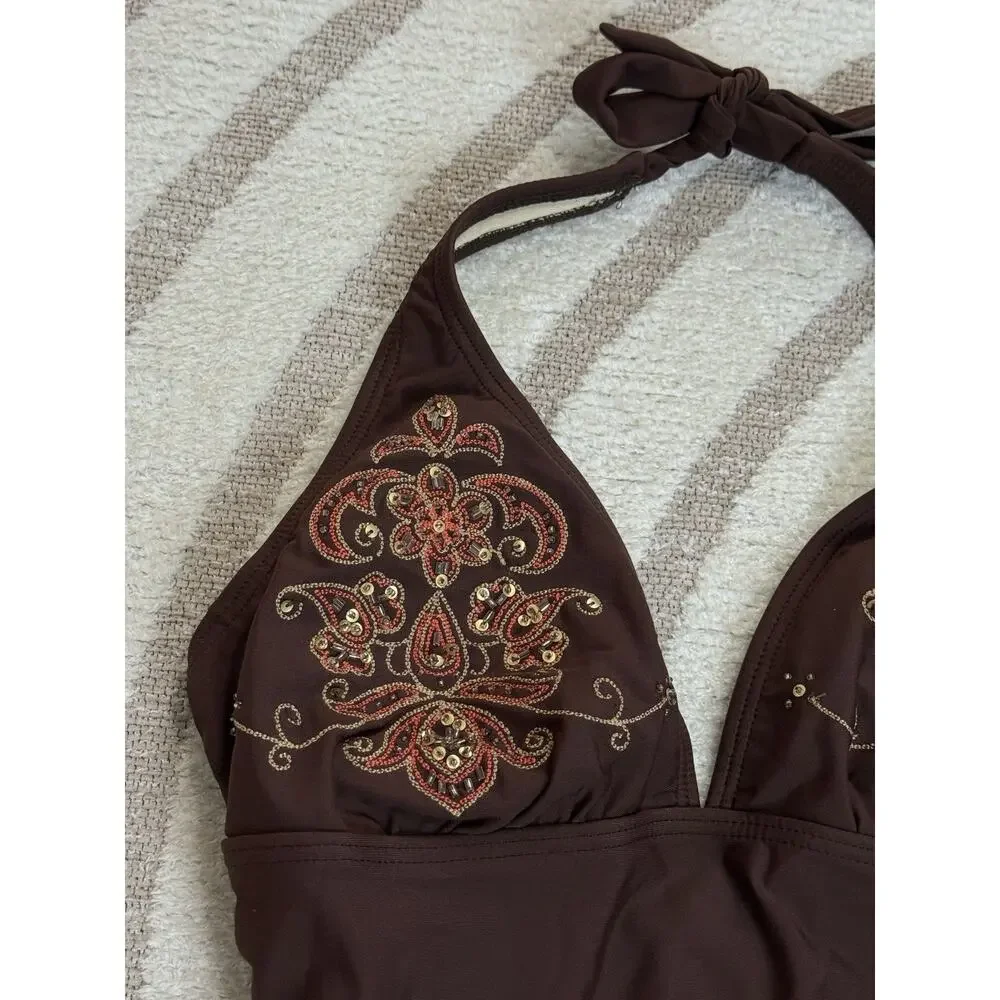 Liquid Blue Brown Halter One Piece Swimsuit Beaded Embroidered Swimwear Size M